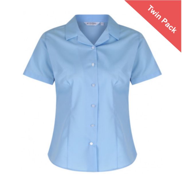 Girls Short Sleeved Rever Collar Blouse – Twin Pack – Blue